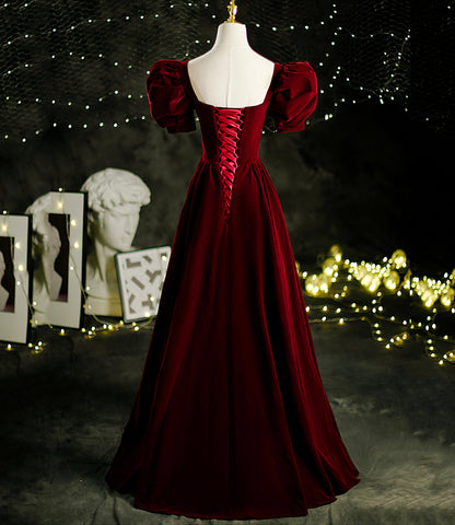 Burgundy velvet long A line prom dress evening dress  8804