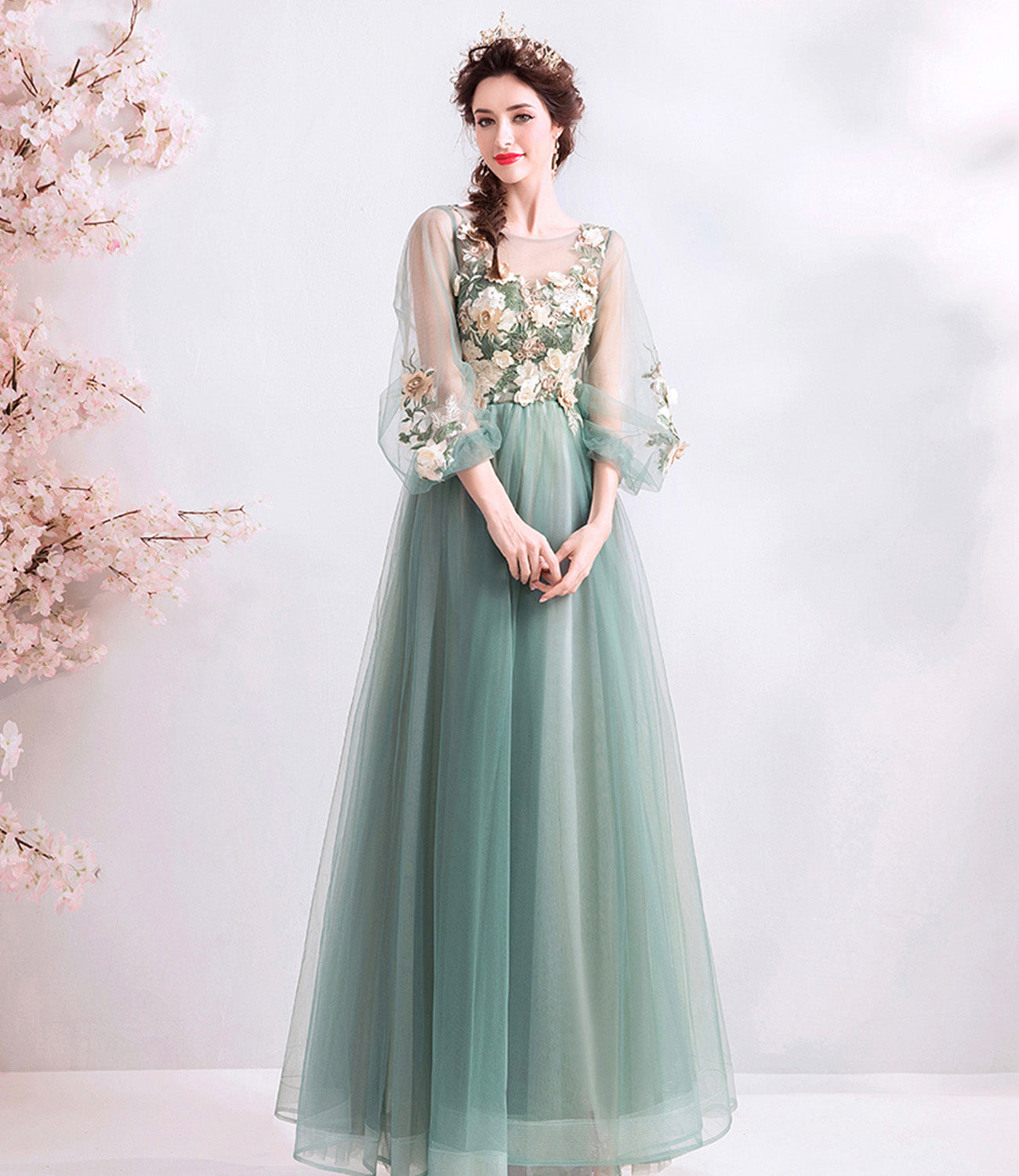Green tulle lace long A line prom dress evening dress  8925