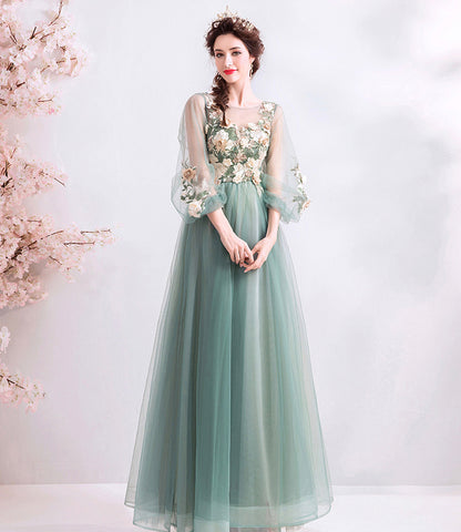 Green tulle lace long A line prom dress evening dress  8925