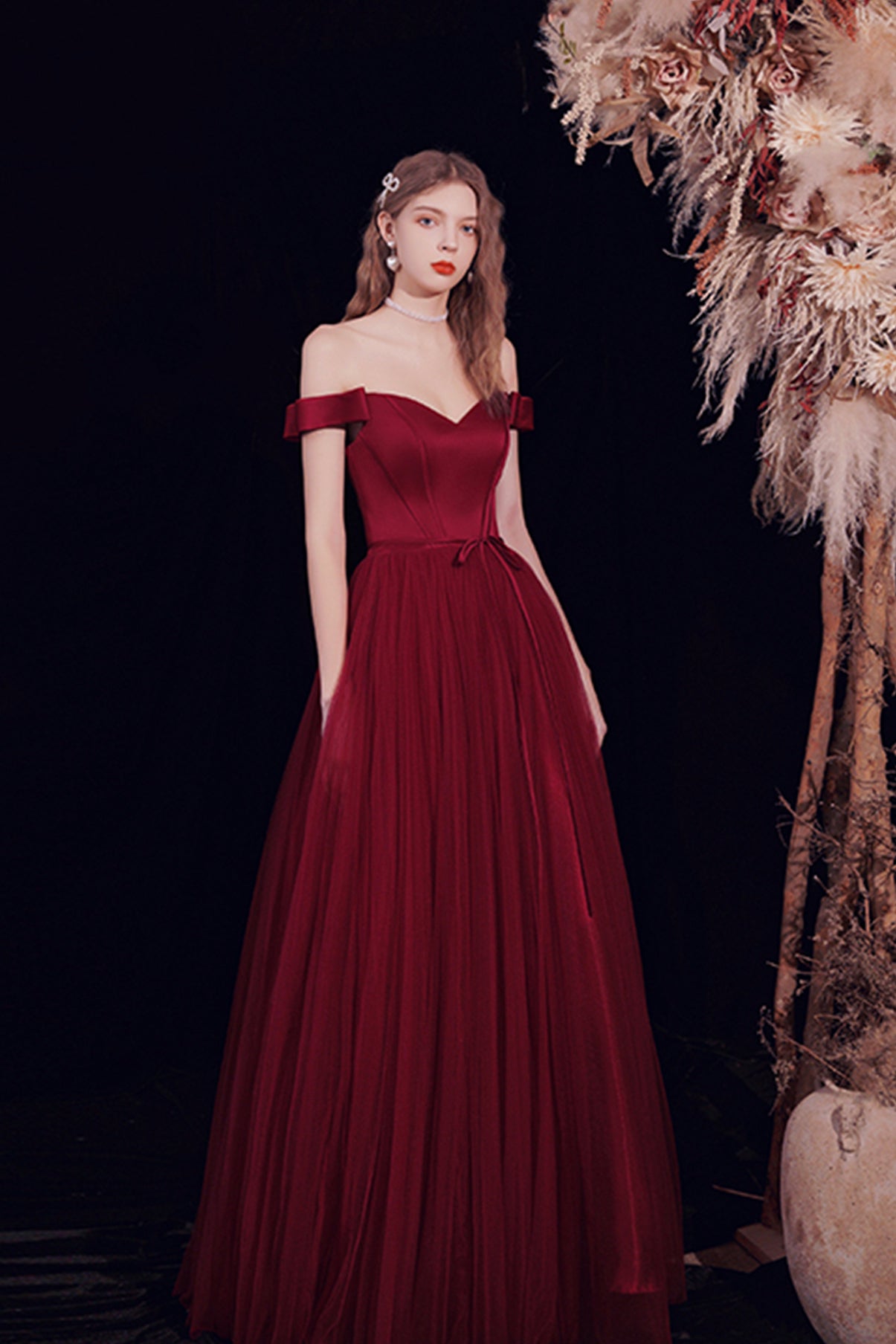 Burgundy tulle long A line prom dress evening dress  8678