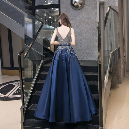 High quality v neck beads long prom dress blue evening dress  8526