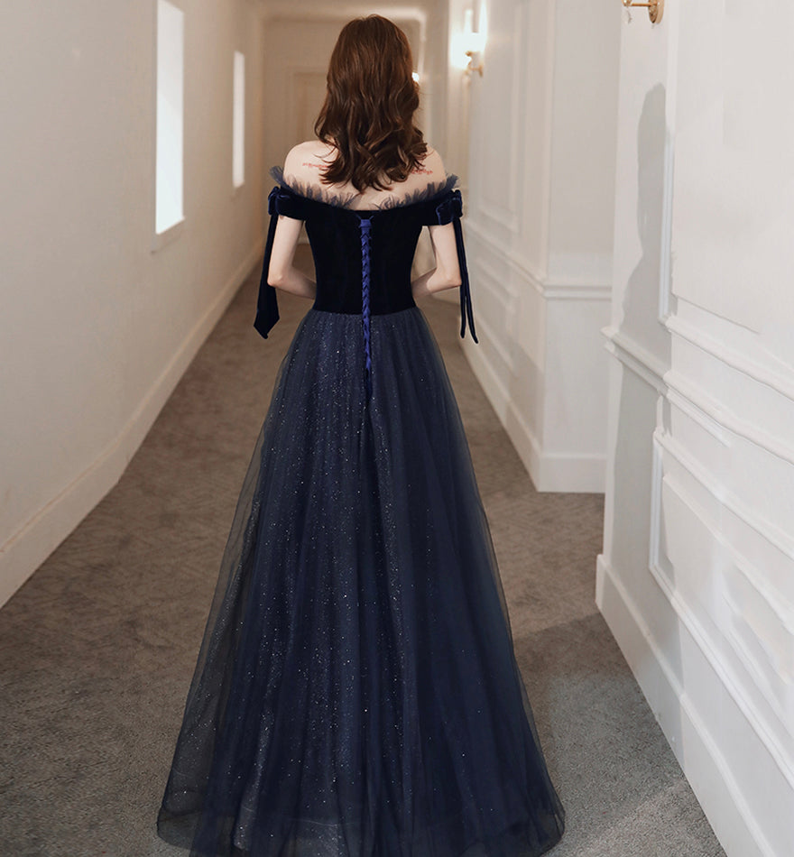 Blue velvet tulle long prom dress evening dress  8457