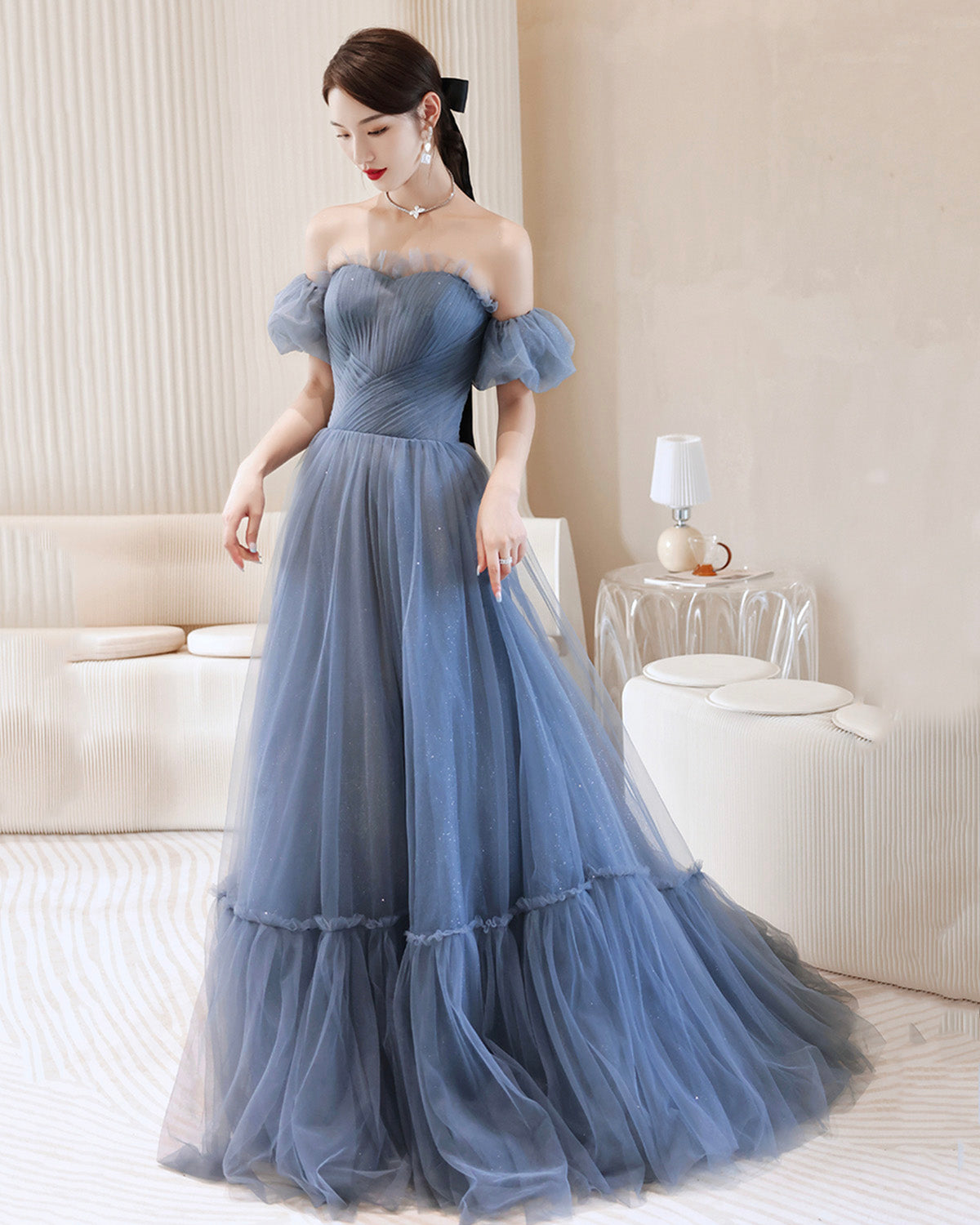 Blue tulle long A line prom dress blue evening dress  8903