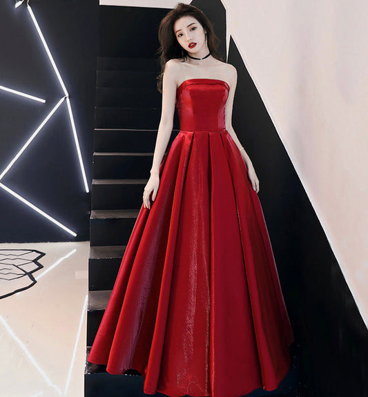 Simple satin long prom dress burgundy evening dress  8523