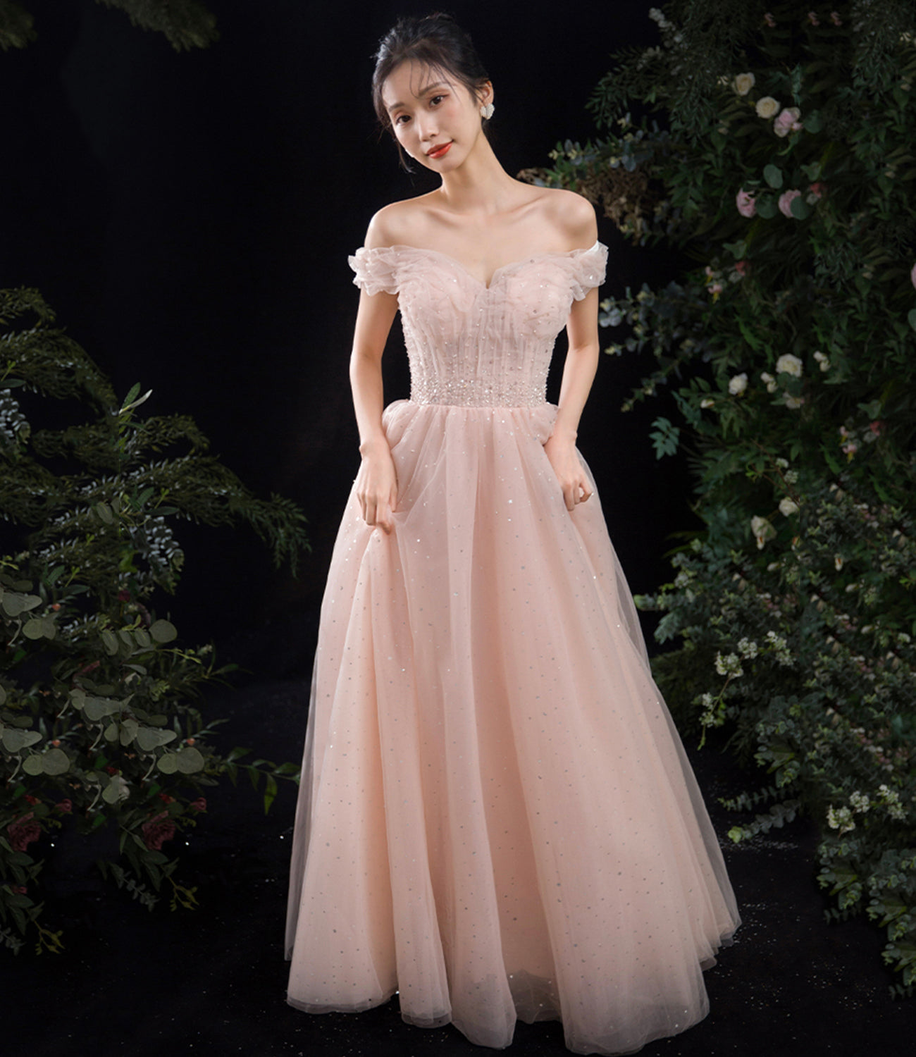 Pink tulle long A line prom dress pink evening dress  8891