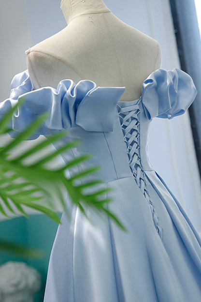 Blue satin long A line prom dress blue evening dress  8746