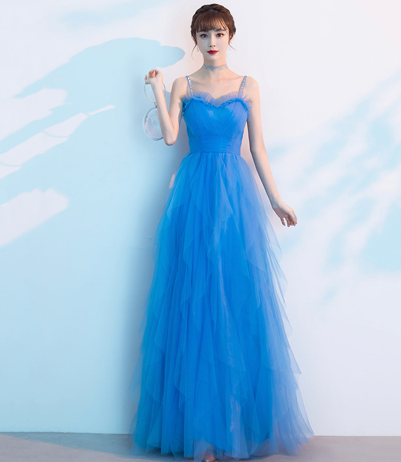 Blue tulle long A line prom dress blue evening dress  8904