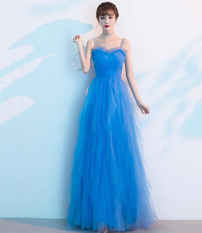 Blue tulle long A line prom dress blue evening dress  8904