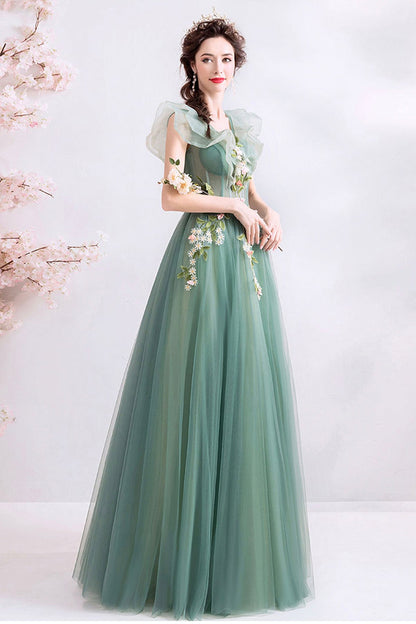 Green tulle long A line prom dress evening dress  8709