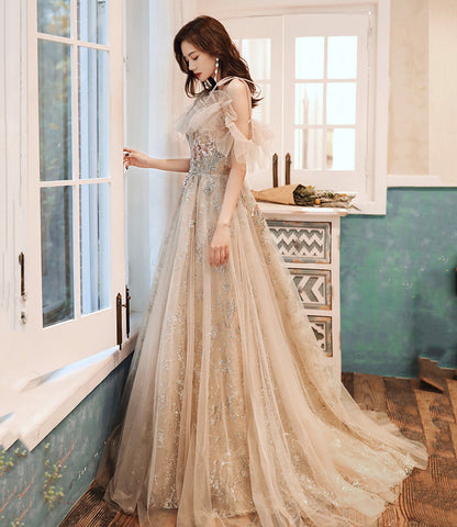 Cute tulle sequins long A line prom dress evening dress  8919