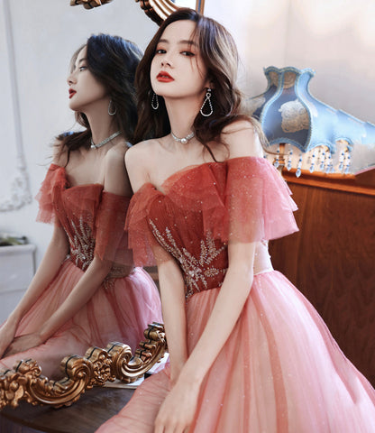 Burgundy tulle long A line prom dress evening dress  8920