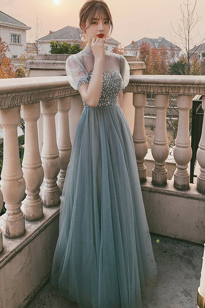 Blue tulle beads long A line prom dress evening dress  8789
