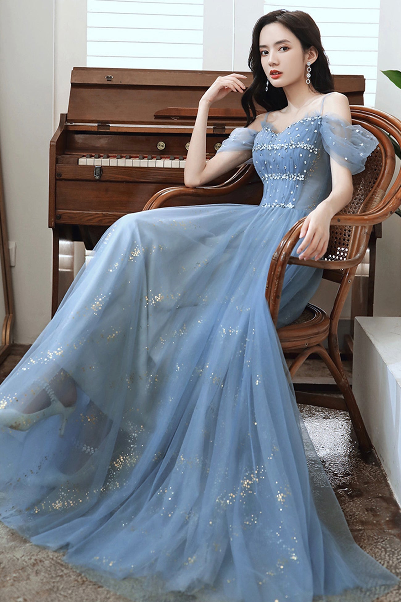 Blue tulle beads long A line prom dress evening dress  8713