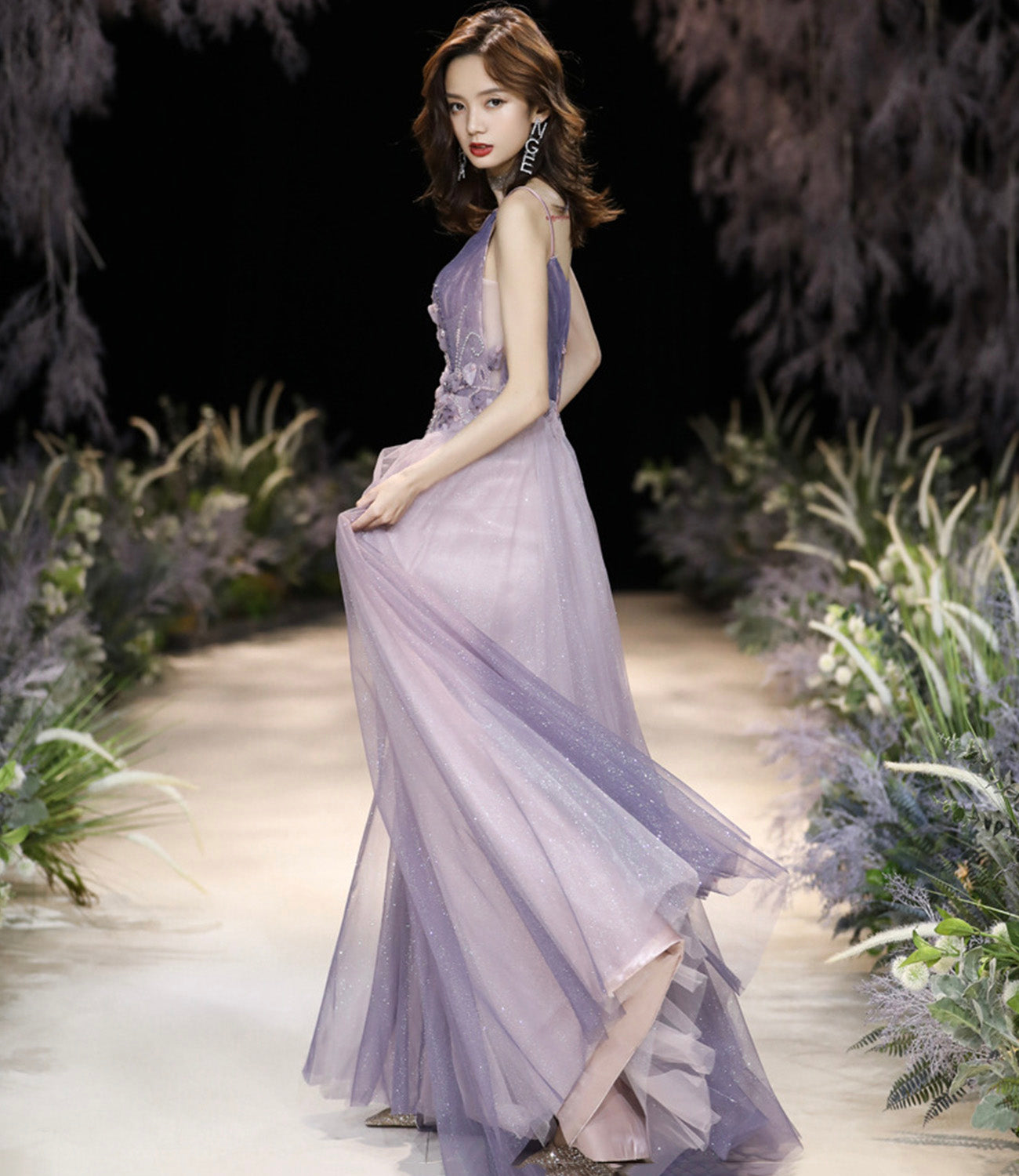 Purple tulle long A line prom dress purple evening dress  8926