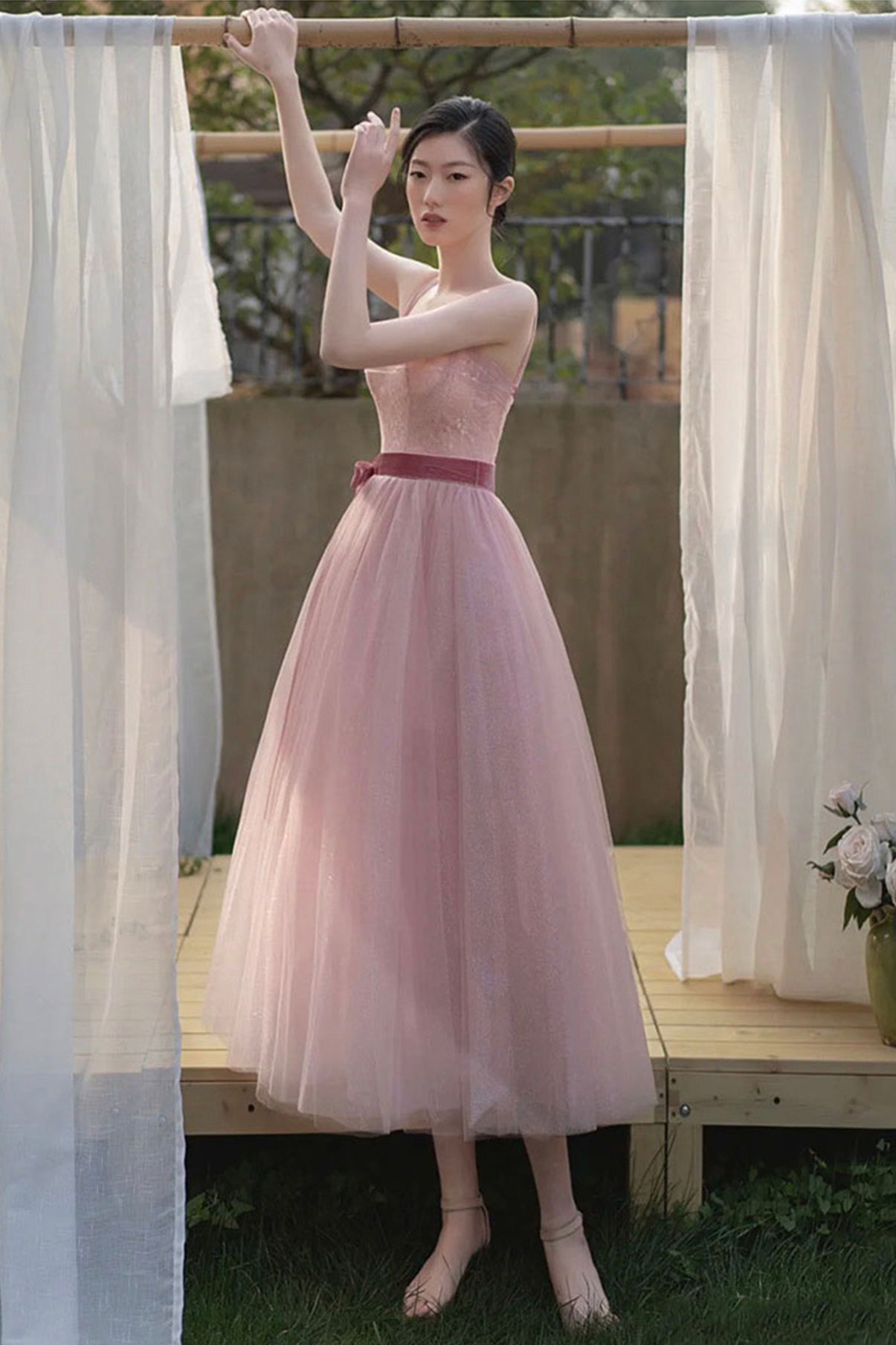 Pink tulle short A line prom dress evening dress  8857