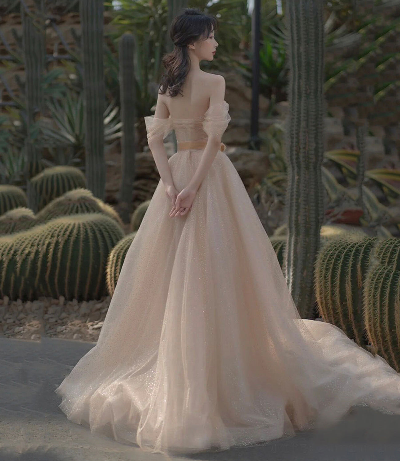 Pink tulle long A line prom dress pink evening dress  8855