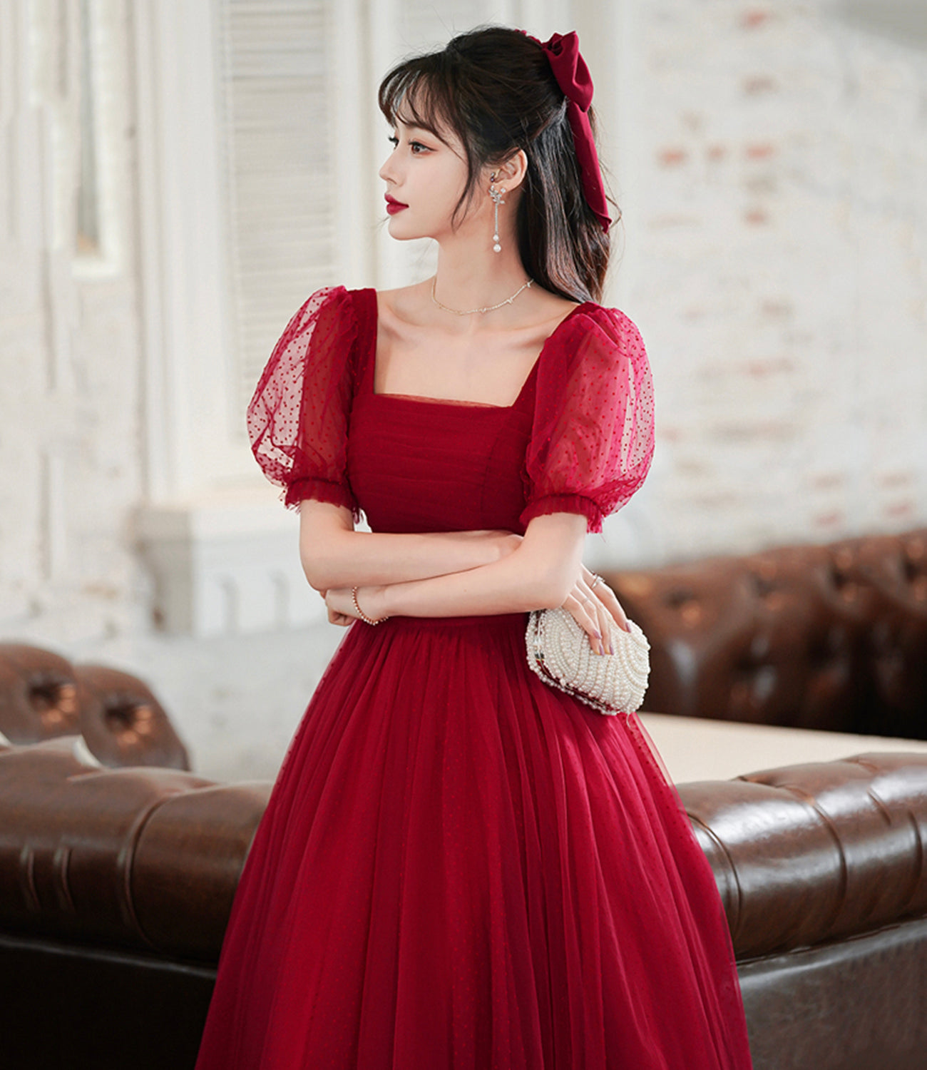 Burgundy tulle long A line prom dress evening dress  8843