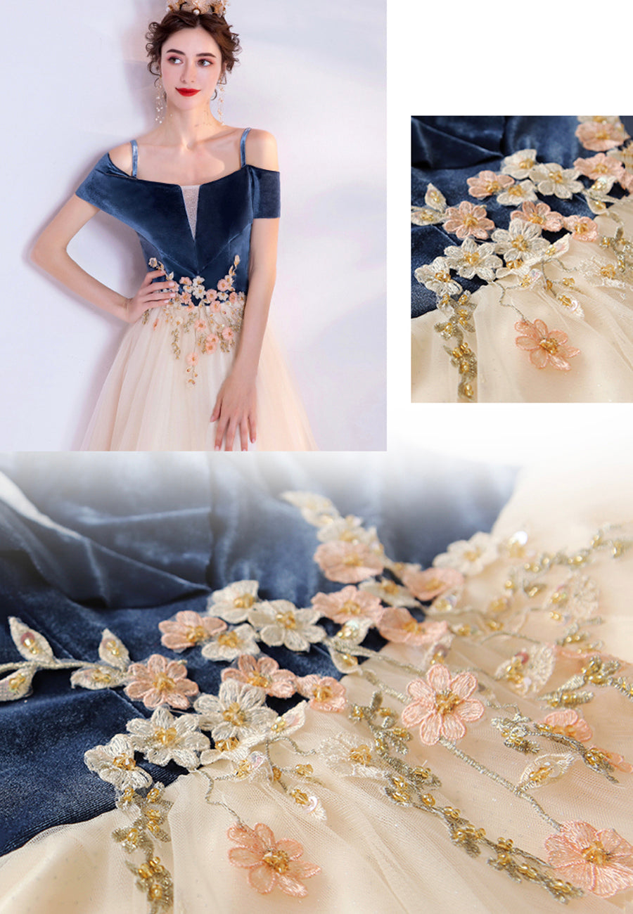 Blue velvet tulle long prom dress evening dress  8447