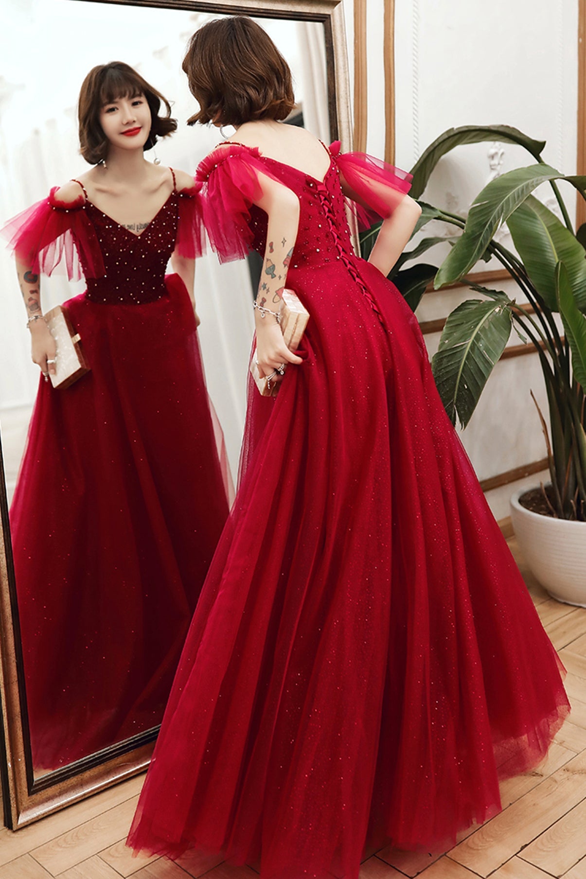 Burgundy tulle beads long A line prom dress evening dress  8767