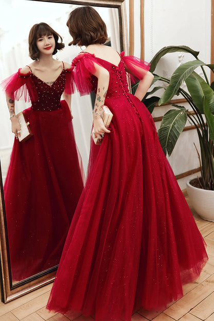 Burgundy tulle beads long A line prom dress evening dress  8767