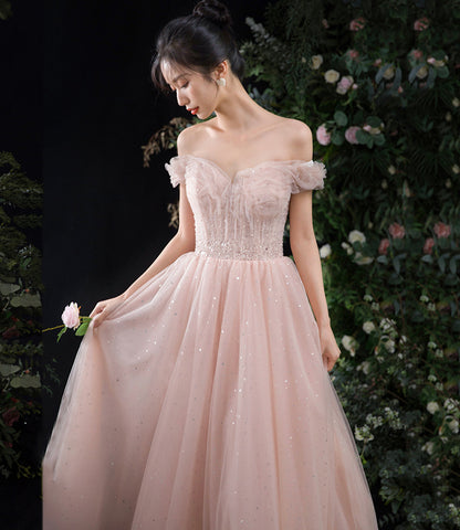 Pink tulle long A line prom dress pink evening dress  8844