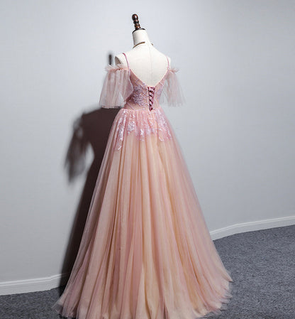 Pink v neck tulle long prom dress evening dress  8455