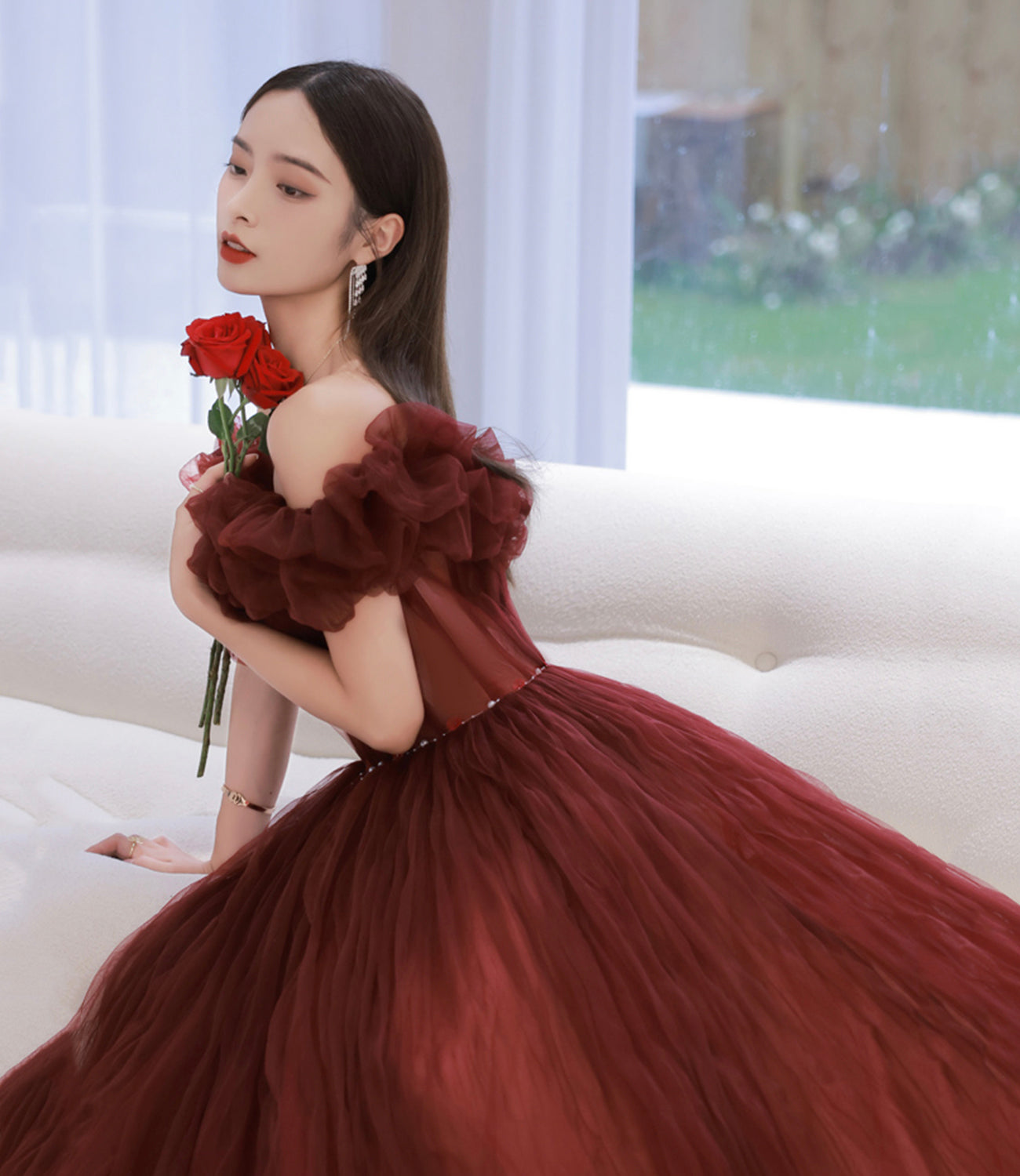 Unique tulle long prom dress off shoulder evening dress  8862