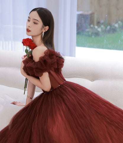 Unique tulle long prom dress off shoulder evening dress  8862