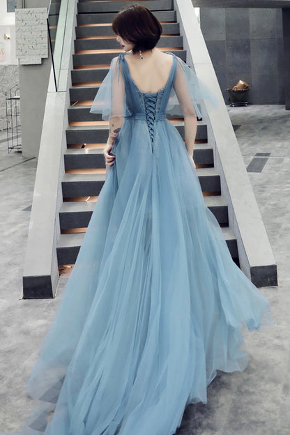 Blue tulle long A line prom dress blue evening dress  8760