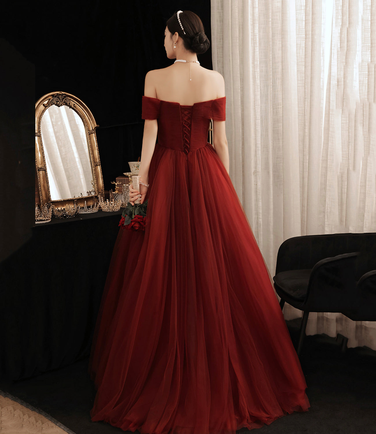 Burgundy tulle long A line prom dress evening dress  8874