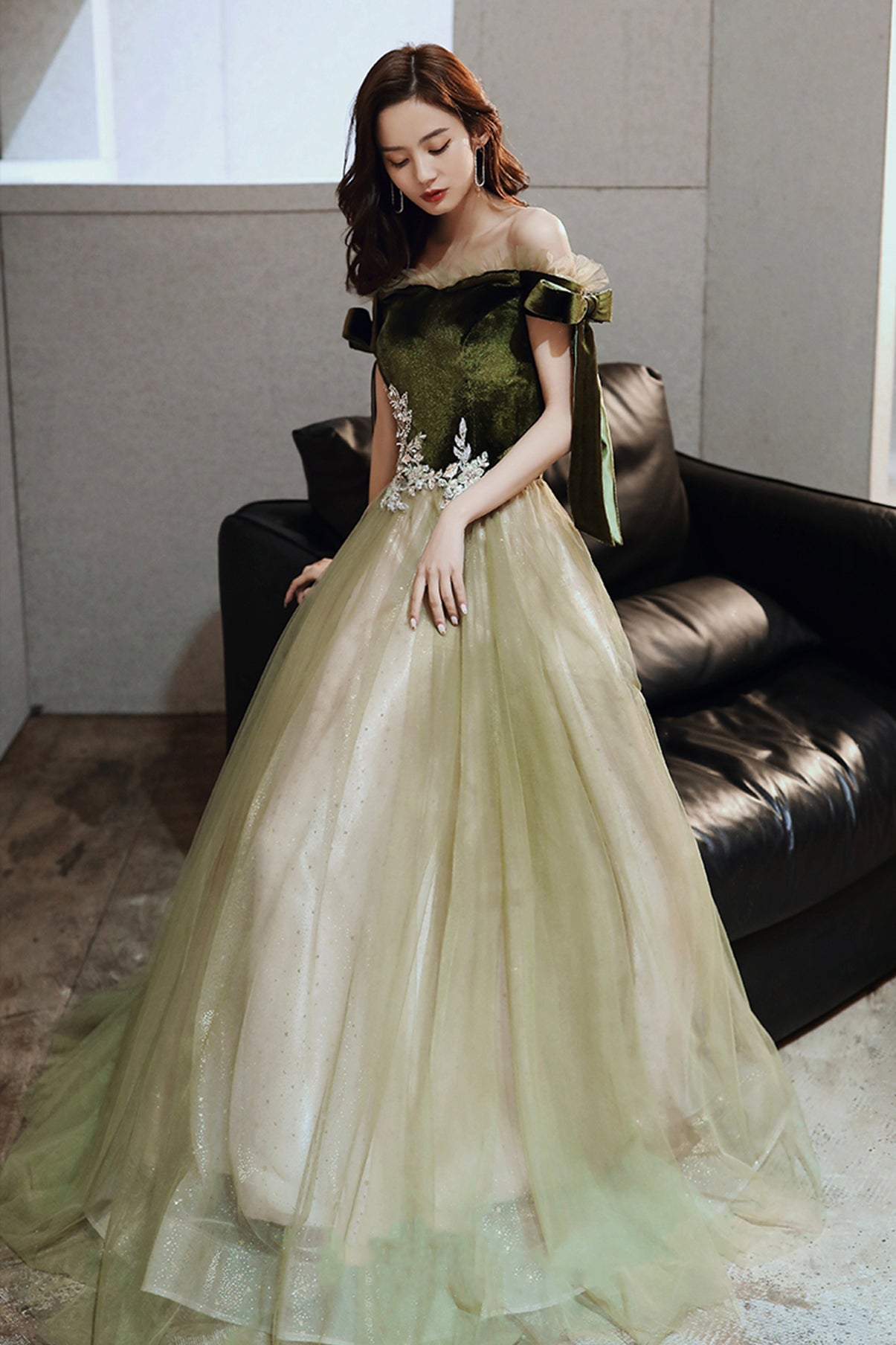Green tulle long A line prom dress evening dress  8786