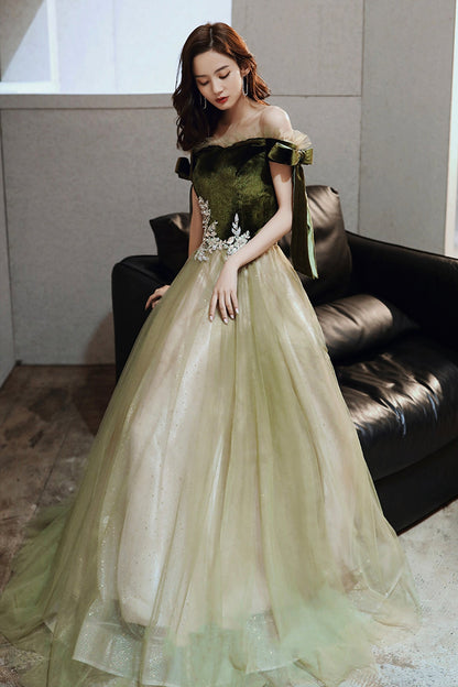 Green tulle long A line prom dress evening dress  8786