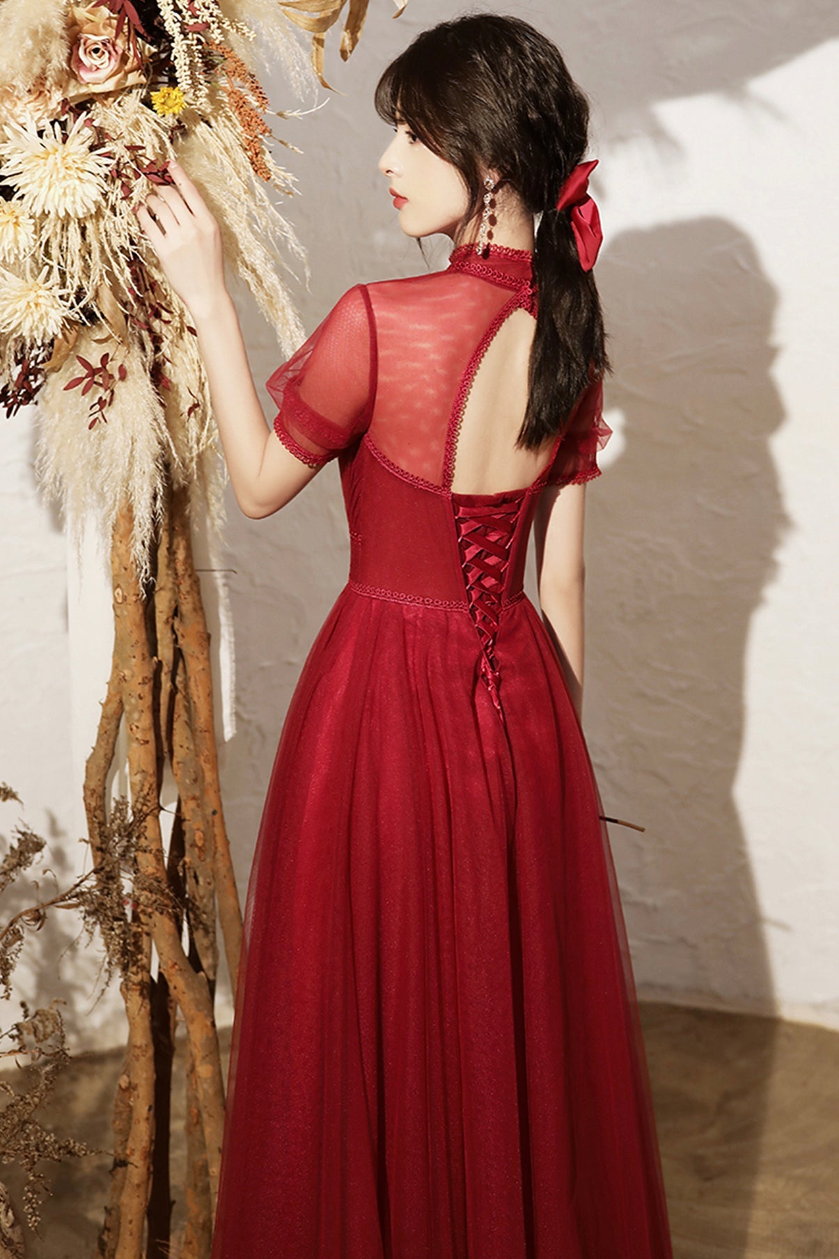 Burgundy tulle long A line prom dress evening dress  8692