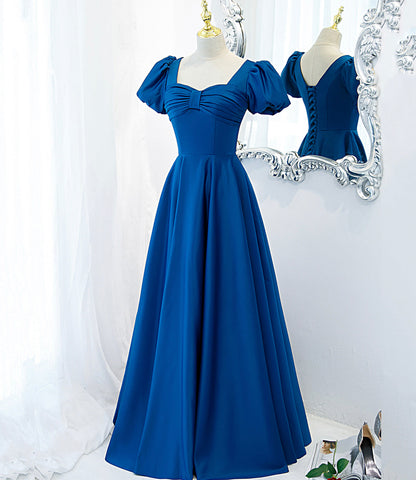 Blue satin long A line prom dress blue evening dress  8848