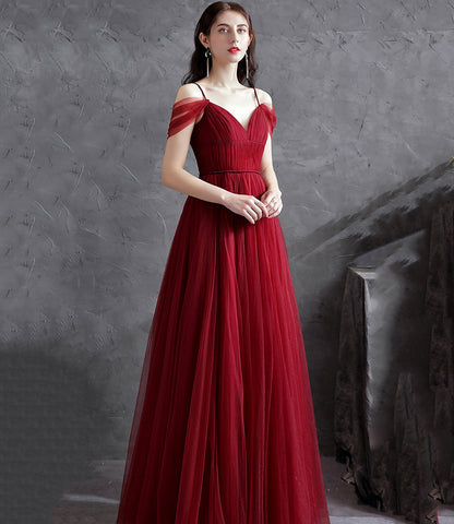 Burgundy v neck tulle long prom dress evening dress  8871