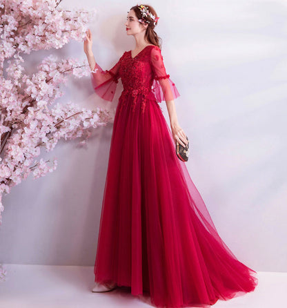 Red v neck lace long prom dress A line evening gown  8934