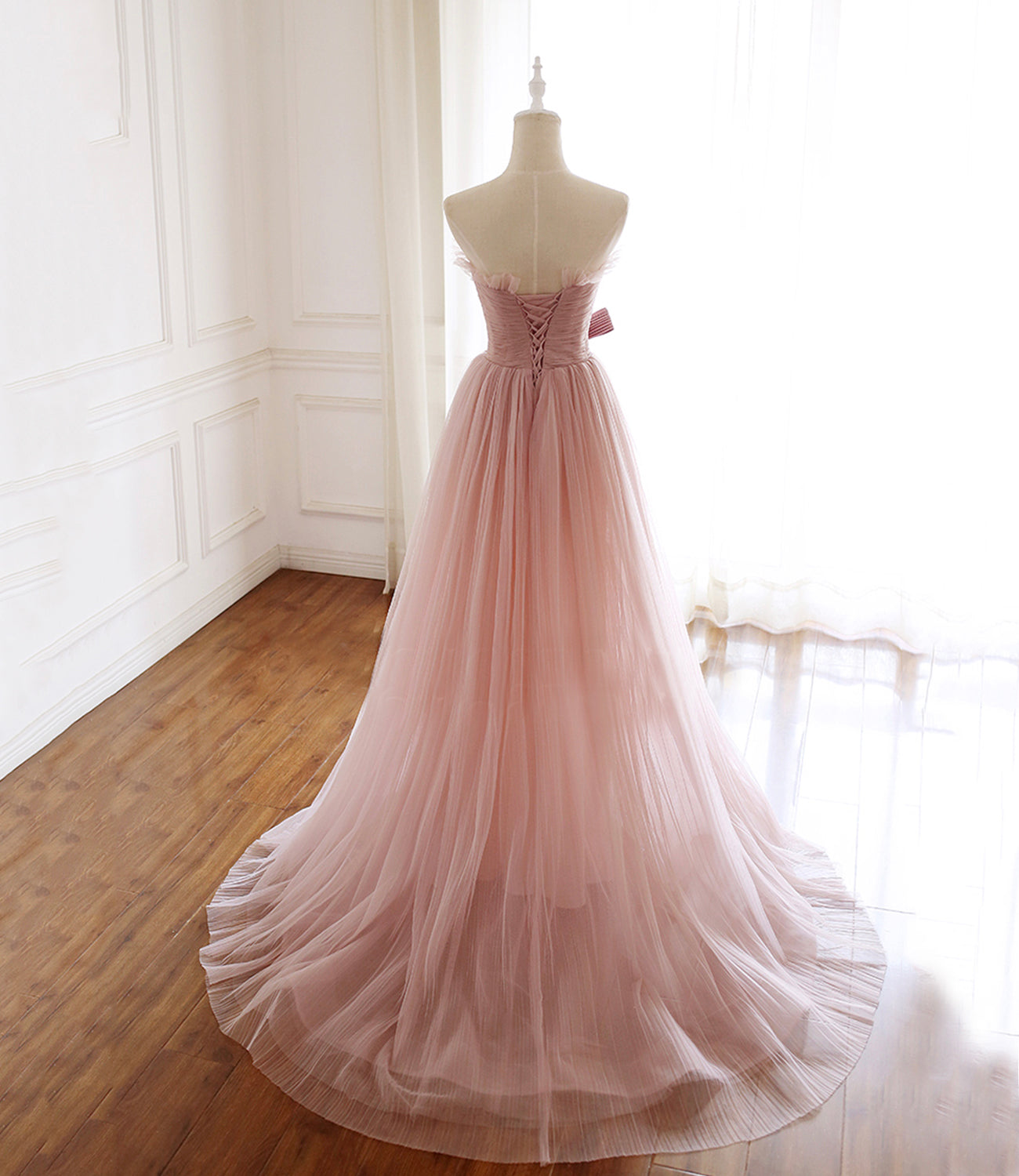 Pink tulle long prom dress pink evening dress  8584