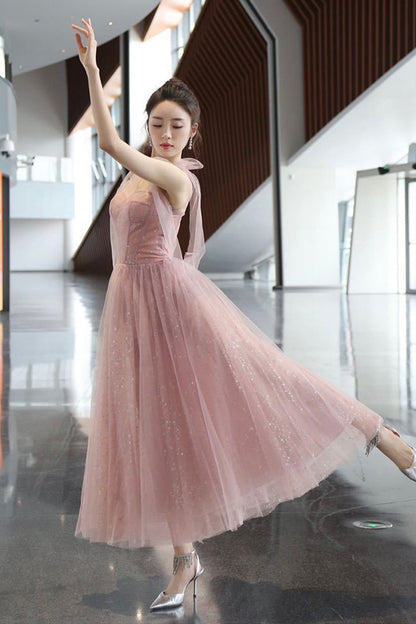 Pink A line prom dress pink tulle evening dress  8656