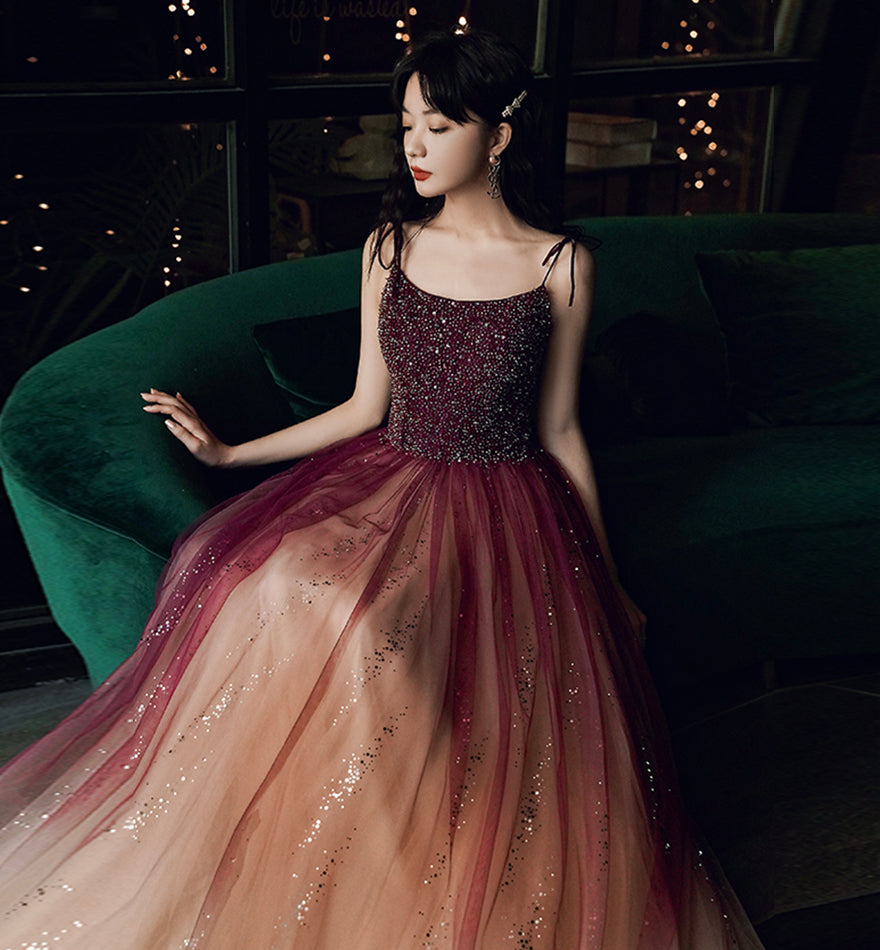 Burgundy tulle beads long prom dress evening dress  8459