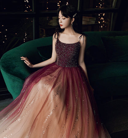 Burgundy tulle beads long prom dress evening dress  8459