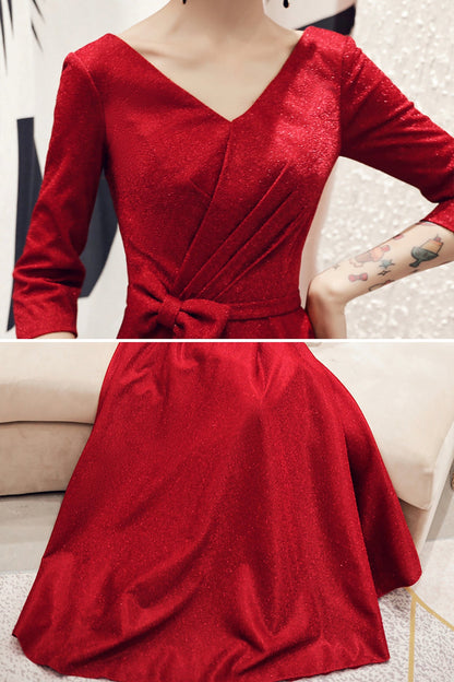 Burgundy v neck long A line prom dress evening dress  8758