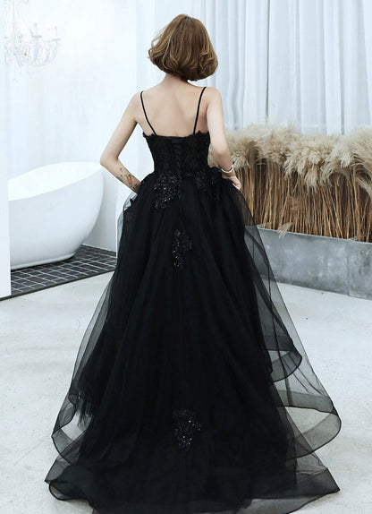 Black v neck tulle beads long prom dress evening dress  8213