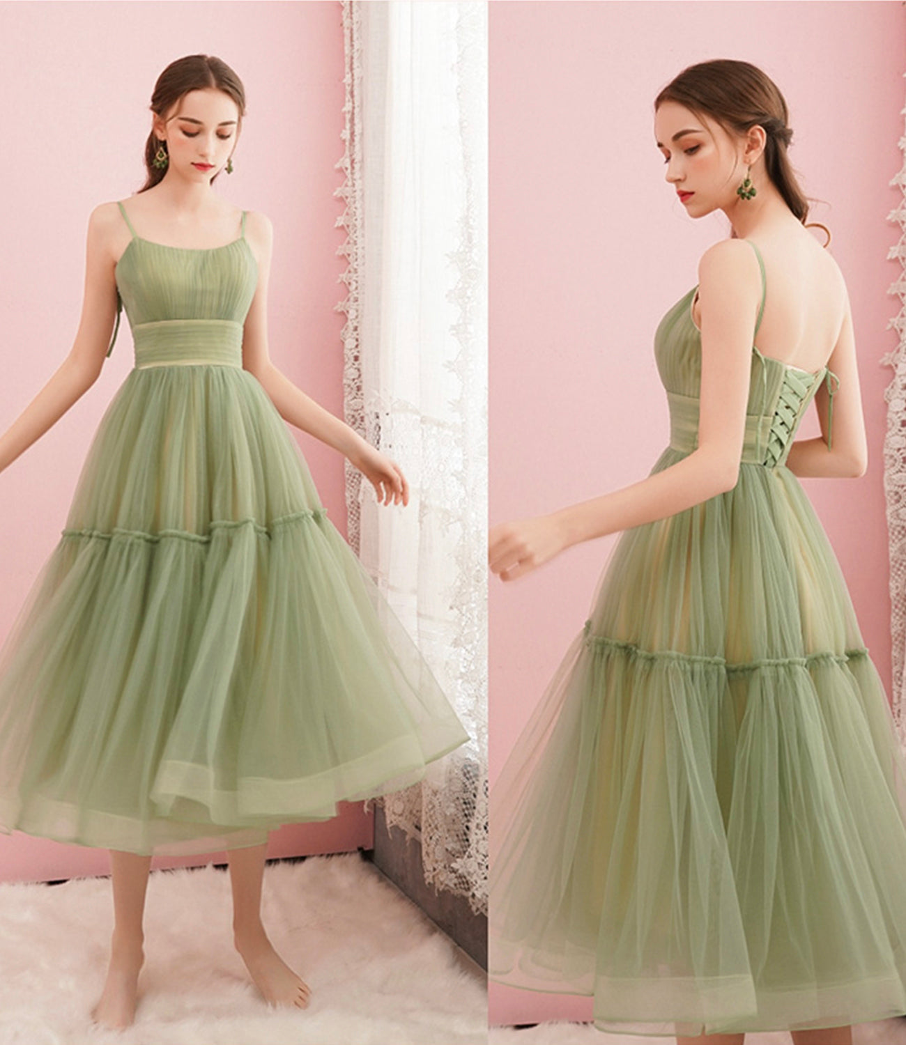 Cute green tulle short prom dress, green evening dress  8116