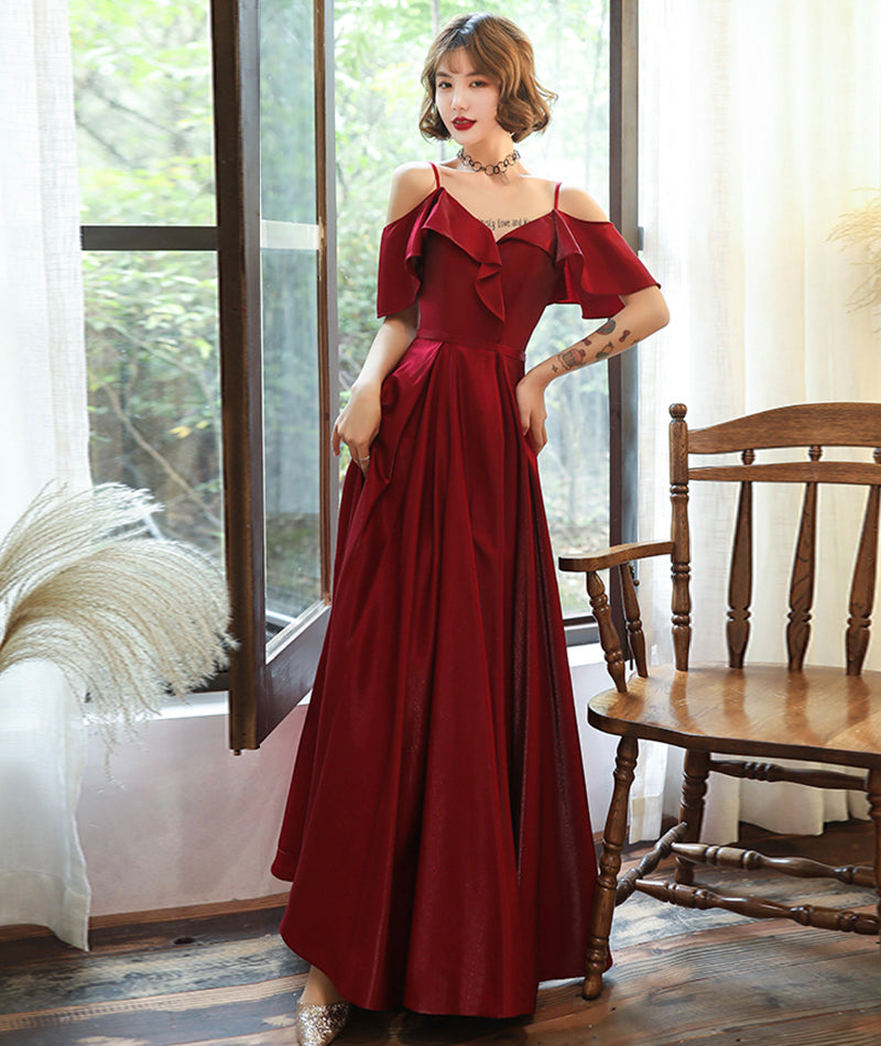 Burgundy satin prom dress simple evening dress  8379