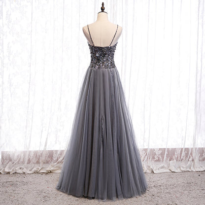 Gray tulle sequins long prom dress  8158