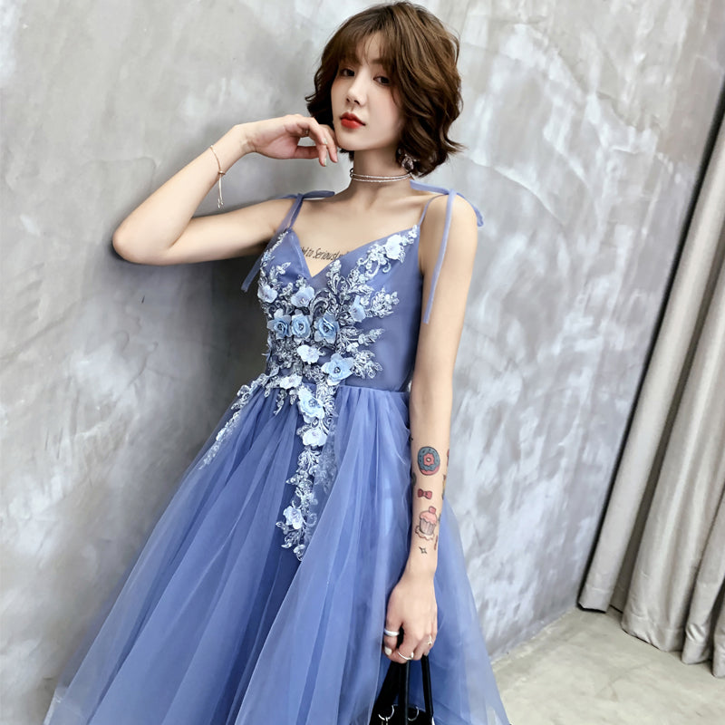 Cute blue v neck tulle applique short prom dress, homecoming dress  8048