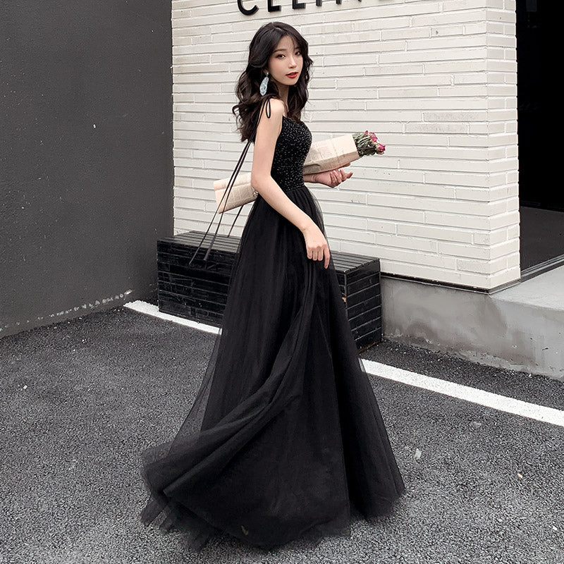 Black tulle beads long prom dress, black evening dress  8028