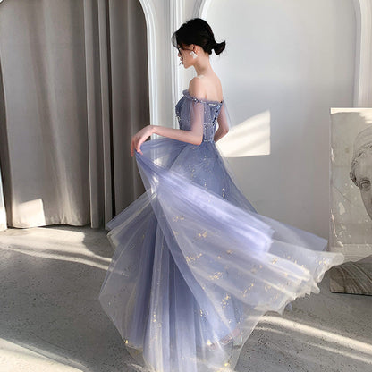Stylish blue tulle long prom dress, blue evening dress  8098
