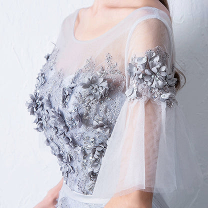 Gray round neck tulle lace long prom dress, evening dress  7942