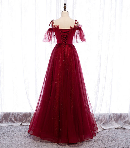 Burgundy tulle lace long prom dress evening dress  8305